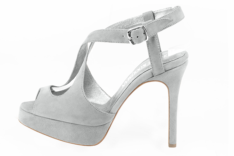 Pearl grey women's open back sandals, with crossed straps. Round toe. Very high slim heel with a platform at the front. Profile view - Florence KOOIJMAN